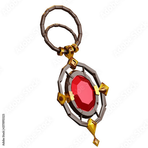 Fantasy RPG Amulet with Red Gemstone and Golden Frame