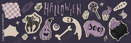 Festive cut-out collage elements from old paper and hand-drawn Halloween symbols. Ghost, candy, lollipop, cupcake, bone, eyeball, and spooky lettering. Collection for journals, stickers, and cards.
