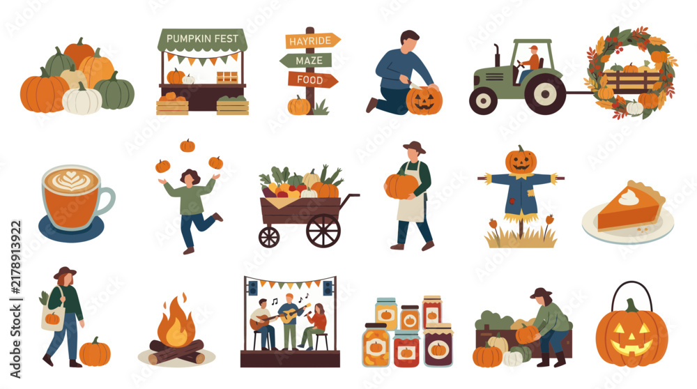 Fototapeta premium Autumn Harvest Festival Flat Icons: Pumpkins, Pie, Music, Tractor, Scarecrow