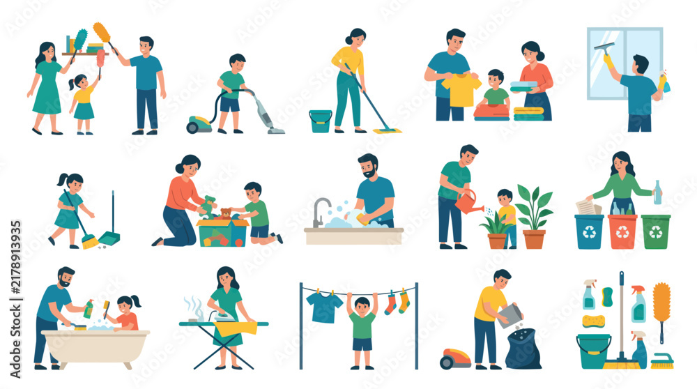 Fototapeta premium Diverse Family Household Chores Vector Set - Flat Illustration Style