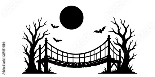 Silhouette of a curved bridge under a dark moon with bats flying, symbolizing mystery and Halloween