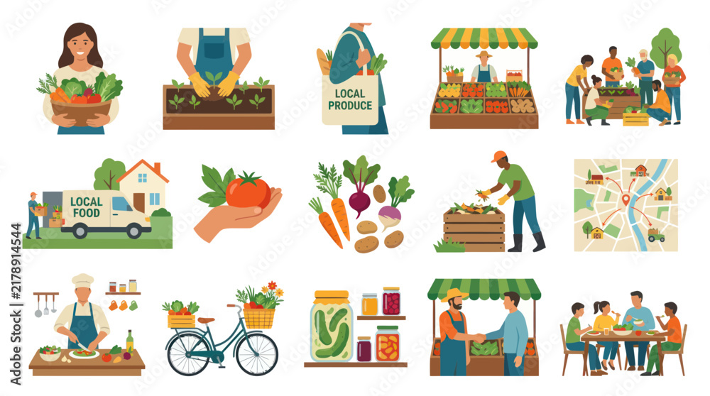 Fototapeta premium Sustainable Local Food Production, Community Farming, and Healthy Eating Flat Vector Illustrations Set