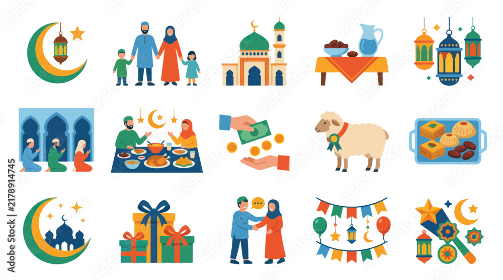 Fototapeta premium Flat Vector Islamic Holidays Eid Celebration Icons Set: Mosque, Family, Food, Zakat, Gifts Sheep