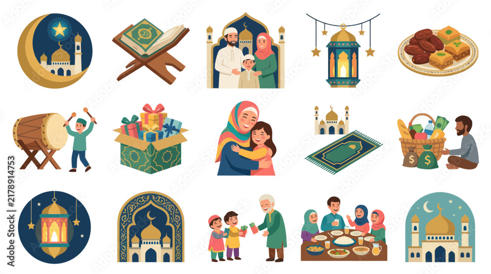 Fototapeta premium Islamic Culture Holidays Flat Vector Illustration Set: Ramadan, Eid Mubarak, Mosques, Family Traditions