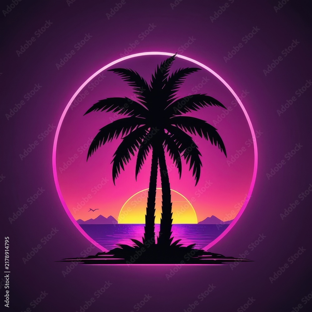 Fototapeta premium Vibrant neon sunset scene with palm tree silhouette over ocean and mountains