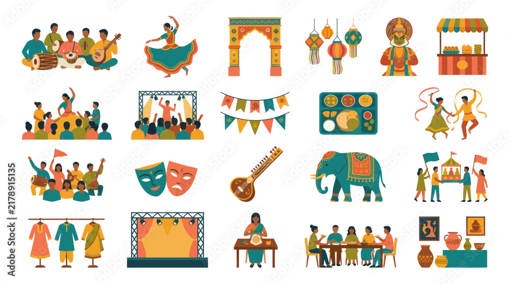 Fototapeta premium Indian Culture Flat Vector Illustrations: Festivals, Traditions, Music, Dance, Food, People Lifestyle Elements