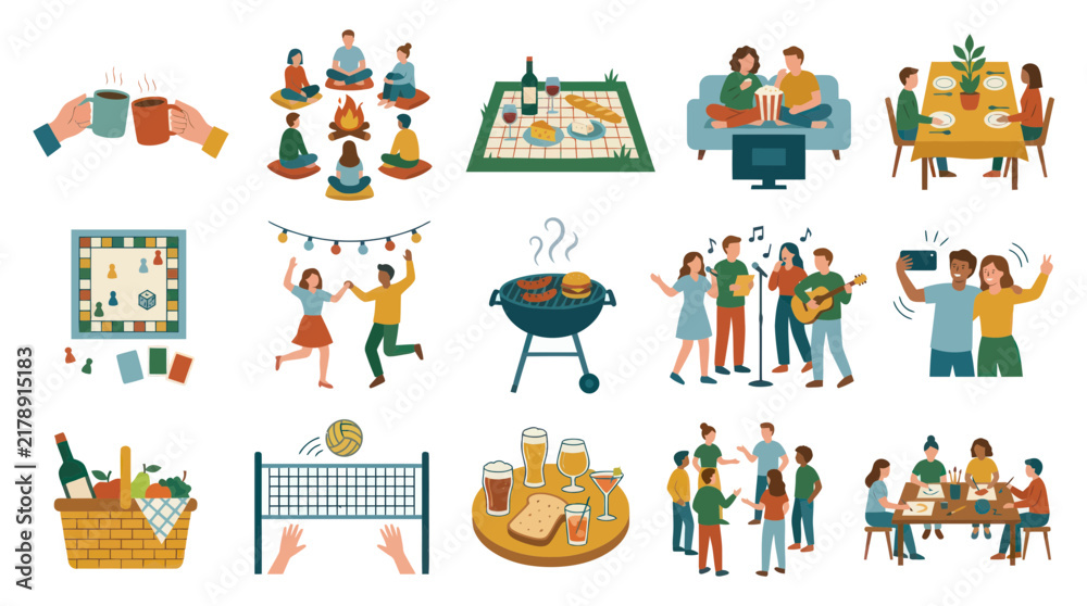 Naklejka premium Flat Illustration Set: Diverse People Enjoying Leisure Activities like Picnics, Games, and Music