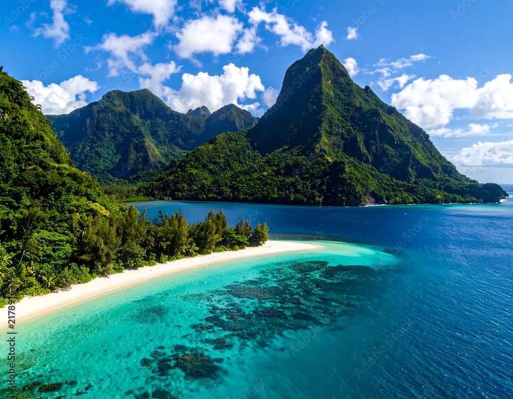 Fototapeta premium Stunning tropical bay featuring pristine turquoise water, white sand beach, and lush green mountains under a blue sky. Ideal for luxury travel campaigns and exotic vacation promotions.