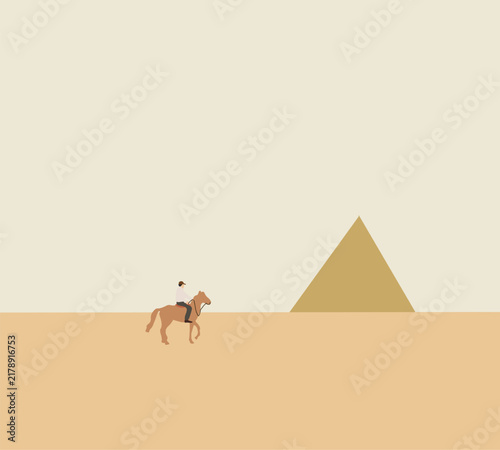 Tourist riding camel with pyramid on background. Traditional desert scene, wildlife, travel.