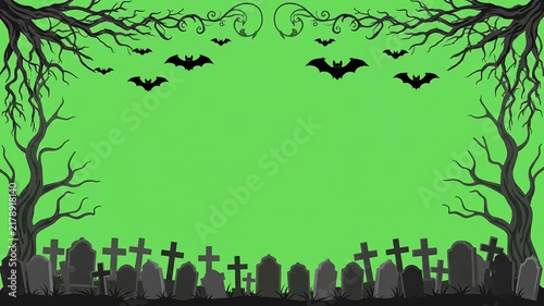 Spooky Halloween border frame with flying bats and graveyard silhouettes on green screen background for video editing overlays and festive motion graphics projects