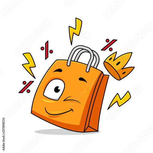 Orange shopping bag character winking crown yellow lightning bolts percent sale symbols.