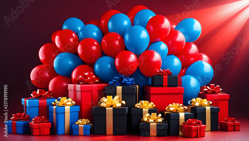 Holiday Black Friday Sale Scene – Red Background with Balloons, Gifts, and White Typography