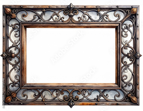 Fotografie アンティーク調のアイアンフレームのイラスト。ヴィンテージな鉄製装飾枠。白背景。/Antique iron frame illustration on white background