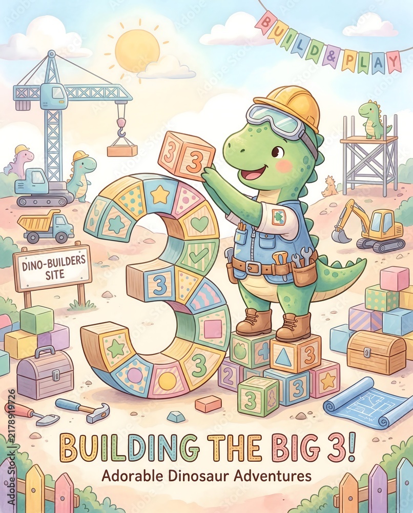 Fototapeta premium Dinosaur builder stacking colorful blocks to form number three