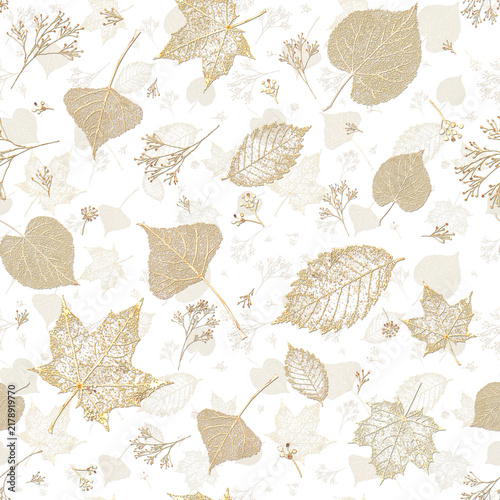 Golden herbarium leaves layered seamless pattern on white background