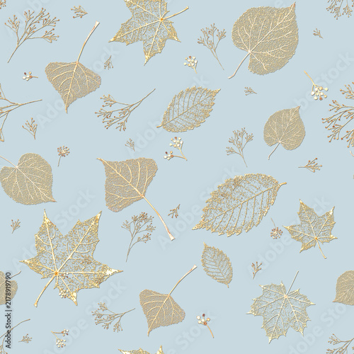 Golden herbarium leaves seamless pattern on soft blue background