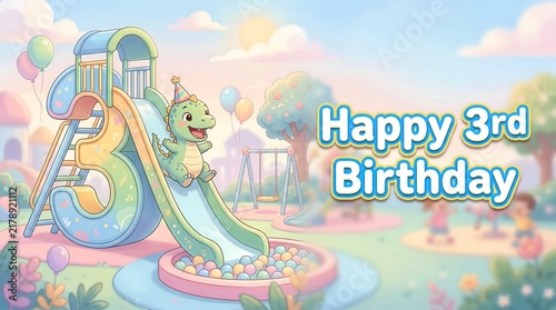 Baby dinosaur sliding from number three for third birthday