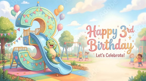 Baby dinosaur sliding on number three playground for third birthday