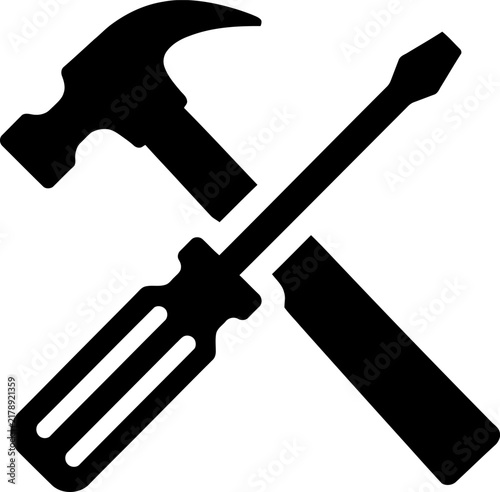 Black and white crossed hammer and screwdriver icons representing construction and repair tools