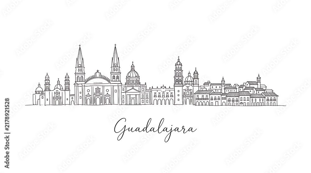 Fototapeta premium Elegant minimalist line art of Guadalajara cityscape showcasing historic and modern architecture with a handwritten city name
