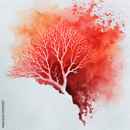 Bleached white coral branch dissolving into warm red ink splashes, abstract ocean warming watercolor art