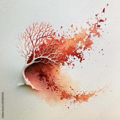 Bleached white coral branch dissolving into warm red ink splashes, abstract ocean warming watercolor art