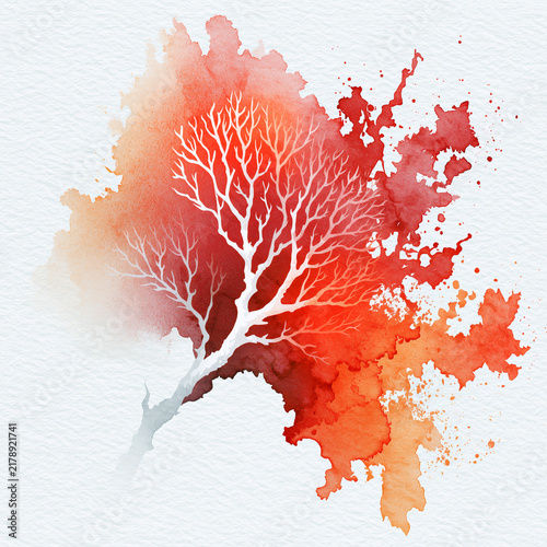 Bleached white coral branch dissolving into warm red ink splashes, abstract ocean warming watercolor art