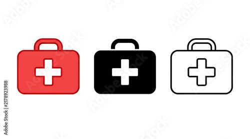 Three medical first aid case icons in red black and white