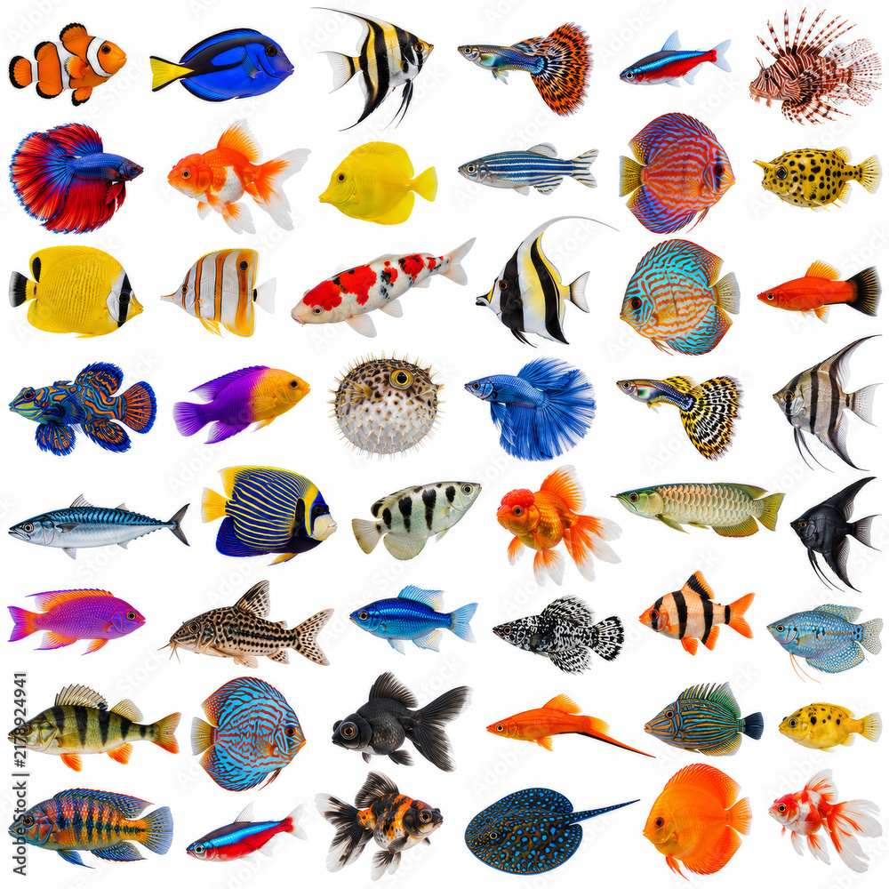 Fototapeta premium A Kaleidoscope of Aquatic Life: A vibrant collection of diverse fish species, showcasing a spectrum of colors, patterns, and forms, inhabit an underwater world, captured in a flat lay arrangement.