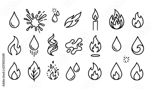 Minimal Fire and Water Element Line Art Vector Icons for Graphic Design
