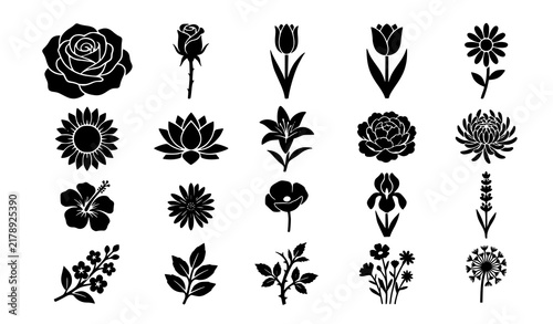 Powerful Black Botanical Flower Silhouette Icons for Modern Graphic Design