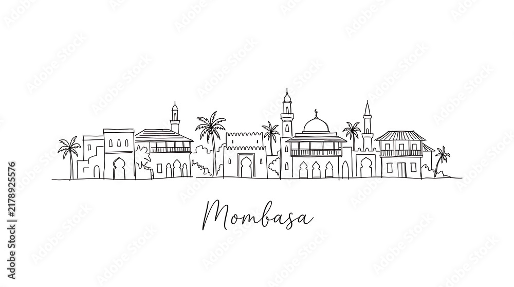 Fototapeta premium Minimalist Line Art Illustration of Mombasa Skyline Highlighting Iconic Architectural Landmarks