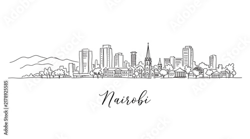 Minimalist black and white cityscape of Nairobi showcasing skyline with modern buildings and iconic church structures beneath a