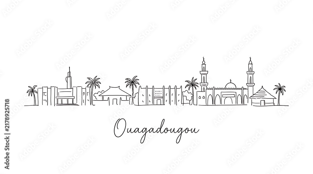 Obraz premium Elegant minimalist line art depicting Ouagadougou's cityscape with iconic structures and palm trees emphasizing urban beauty and