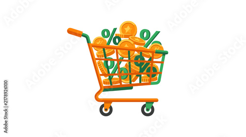 Clean Shopping Cart Filled with Golden Coins and Percentage Symbols Colorful with high quality professional line art symbols for modern creative design and digital branding projects