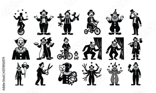 Clown Silhouette Collection Set Featuring Funny Scary Circus Characters Vector Icons