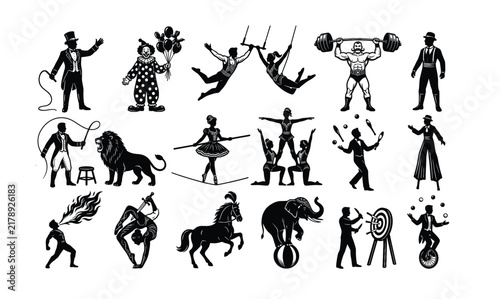 Circus Silhouette Design Elements Set Featuring Ringmaster Clown Acrobats Lion Tamer Elephant Performers Vector Icons