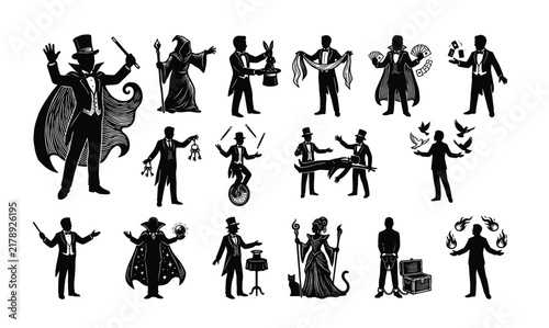 Magician silhouettes set, large pack of vector silhouette design, isolated white background