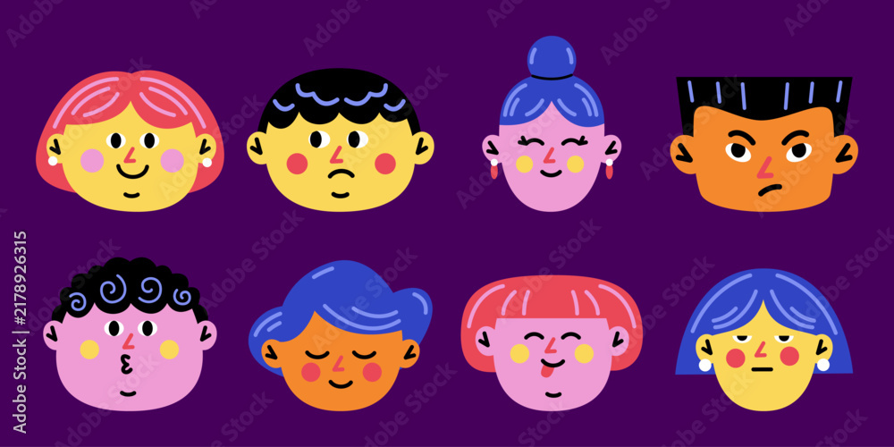 Obraz premium Colorful Flat Character Avatars and Diverse Facial Expressions Set