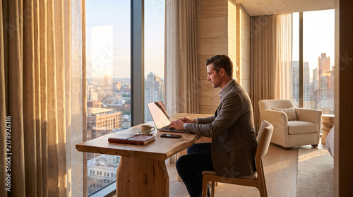 Business traveler working remotely on laptop in luxury hotel room with city skyline sunset view productivity technology and corporate lifestyle