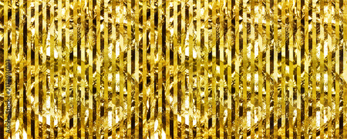 Shining gold foil fringe curtain backdrop with wavy metallic tinsel streamer lines for glamour night club party decoration and holiday sale banner copy space