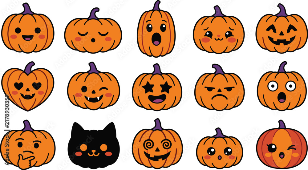 Fototapeta premium Halloween Pumpkin and Jack O Lantern Vector Collection with Intricate Carved Faces and Festive Spooky Designs