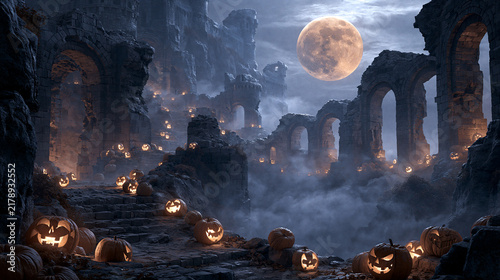 Ancient stone castle ruins at night with glowing jack-o-lanterns and full moon background