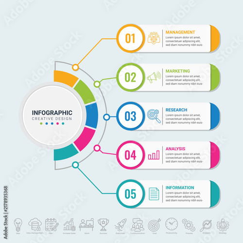 Modern Business Infographic Template with 5 Step Process, Management, Marketing, Research, Analysis and Information Strategy Presentation
