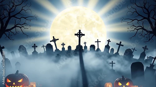 scary graveyard scene with glowing pumpkins
