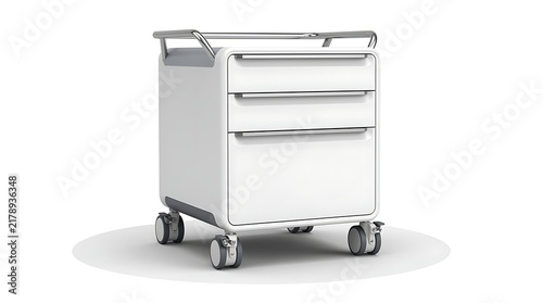 A modern white medical cart with three drawers stands against a plain white background.