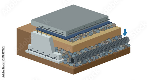 Foundation Drainage System: Cutaway Showing Foundation, Gravel, Drain Pipe, and Concrete Slab Construction