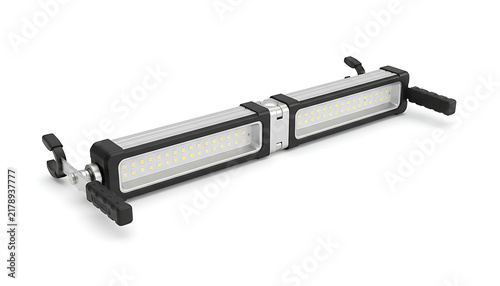 A portable linear LED work light bar with a silver body is isolated on white.