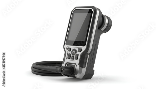 An industrial endoscope camera with an LCD screen is isolated on a white background.