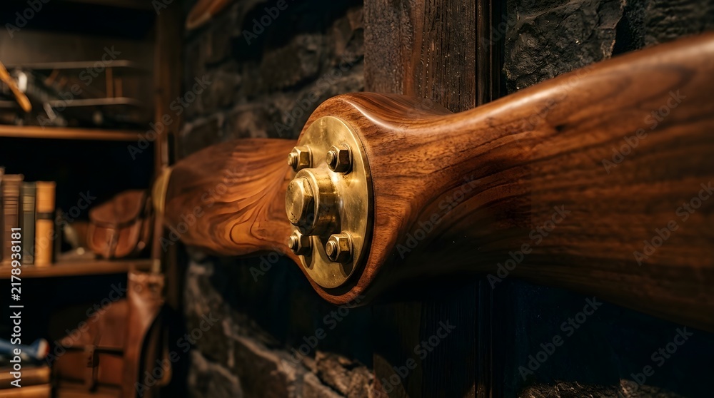 Obraz premium Classic Wooden Rifle Stock with Brass Fitting in Rustic Setting